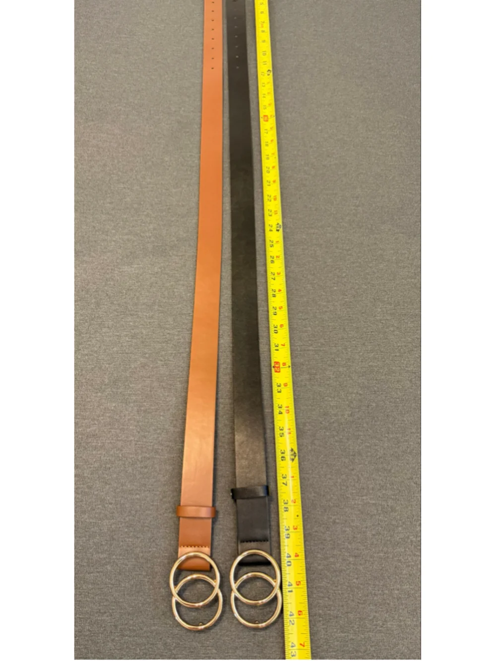 2 faux leather belts distinctive gold-toned double O-ring buckle black brown